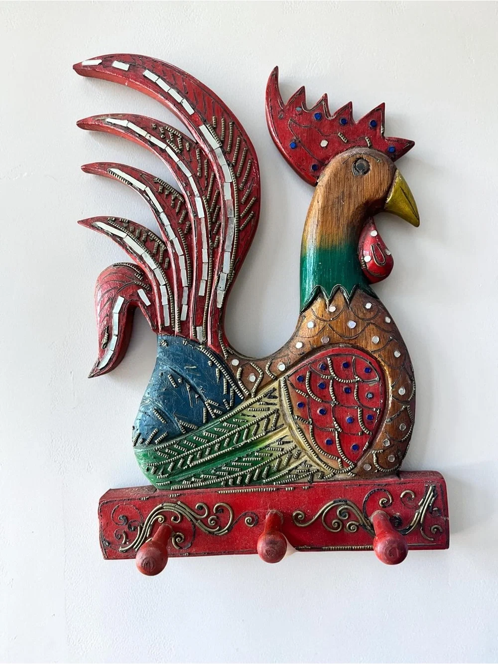 Vintage Balinese Rooster folk art key holder wall decor